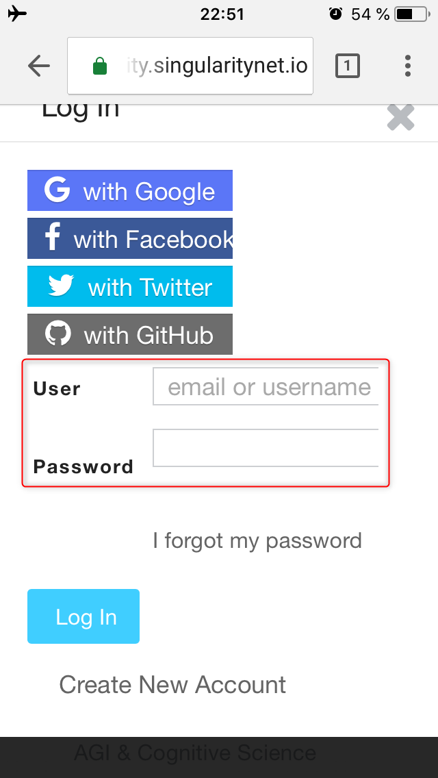 Log in and password fields